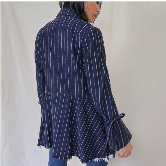 New FREE PEOPLE Stella Blazer Jacket Navy Blue White Stripe Fluted Sleeve - Picture 3 of 14